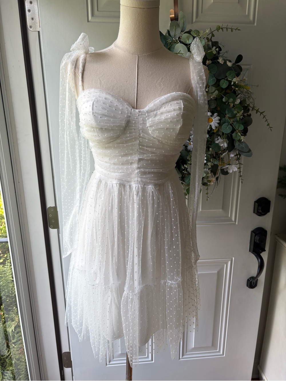 Sheer White Polka Dot Tie-Shoulder Mini Dress